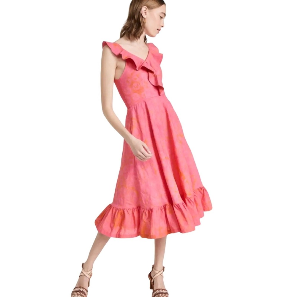 SIKA‎ v-neck midi dress cotton pink ruffle hem new small